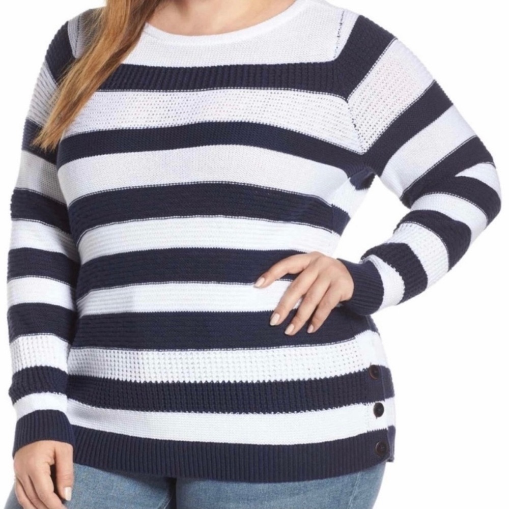 Caslon NWT Nautical Striped Side Button Cotton Knit Sweater Navy White Size XXL
